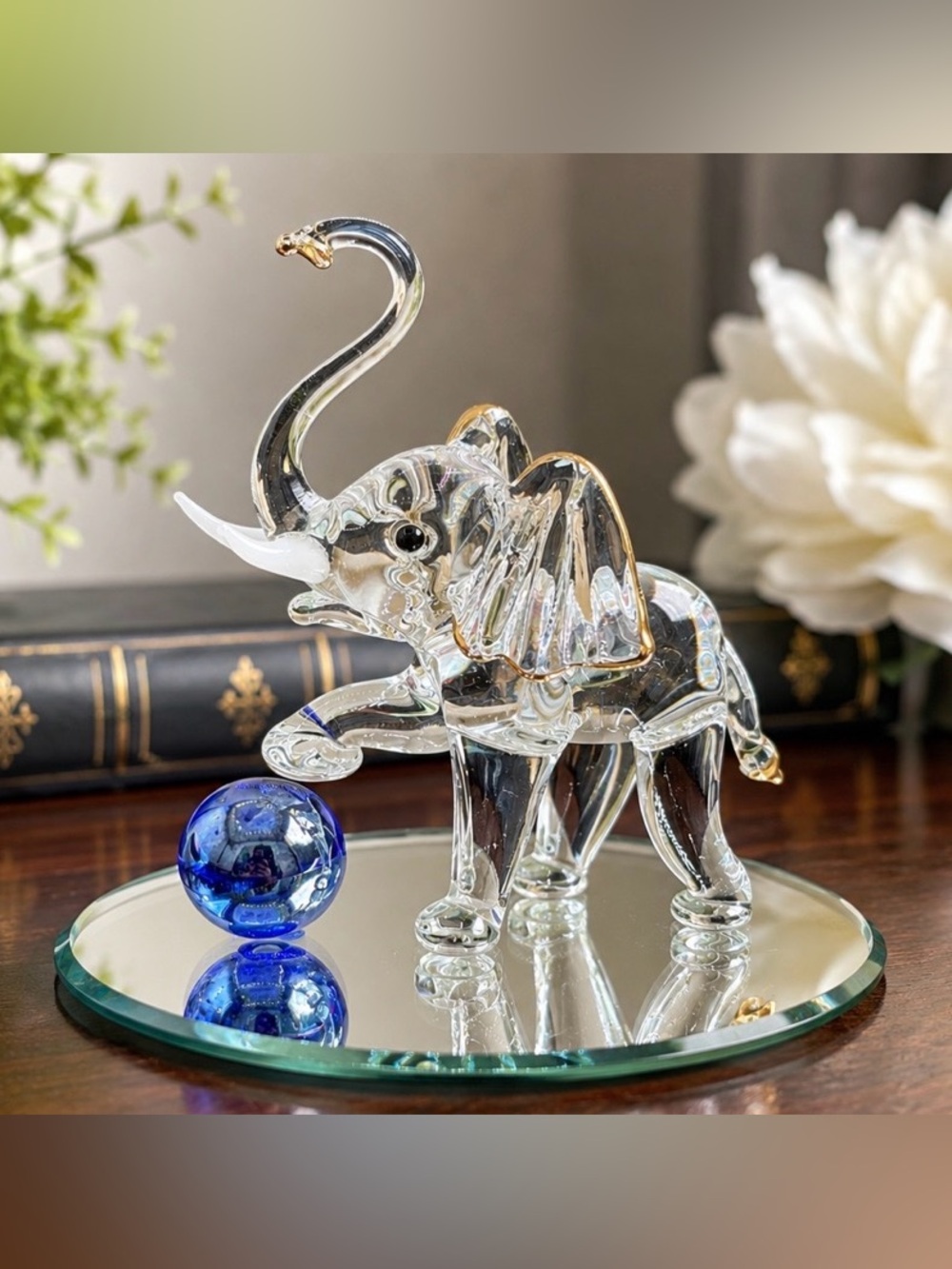 Glass Baron Clear Glass Elephant Figurine Blue Ball Mirrored Base S3 176B
